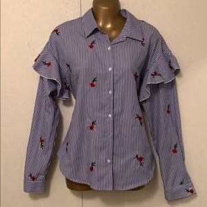 Forever 21 white blue striped button blouse